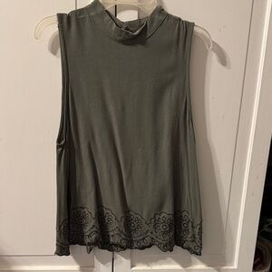 Sleeveless Olive Green Top with Embroidered Hem